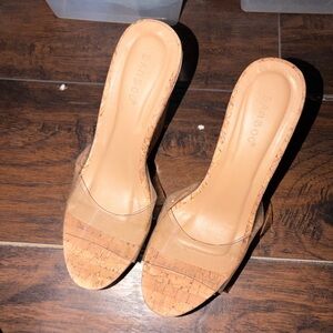 Bamboo Tan Cork Mules with Clear Strap